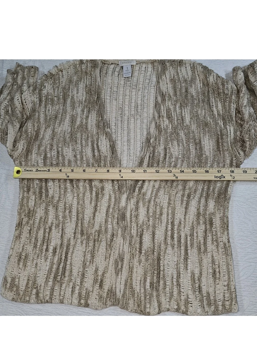 Chicos 1 (US M/8) Open Cardigan Crochet Cream Tan Cotton Blend ¾ Sleeve Earthy
